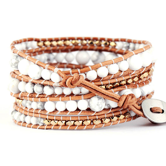 Handmade Natural Howlite Beaded Leather Bracelet - 5 Wrap
