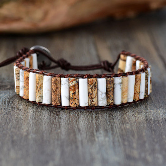 Handmade Natural Howlite & Jasper Leather Wrap Bracelet