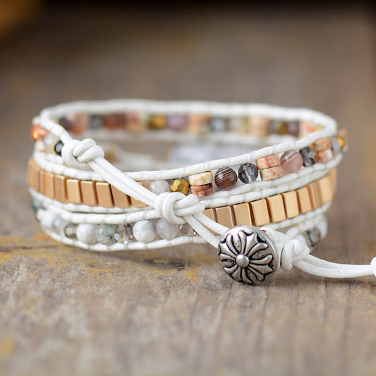 Handmade Natural Howlite & Jasper Leather Wrap Bracelet 19.7 inches + 3 closures