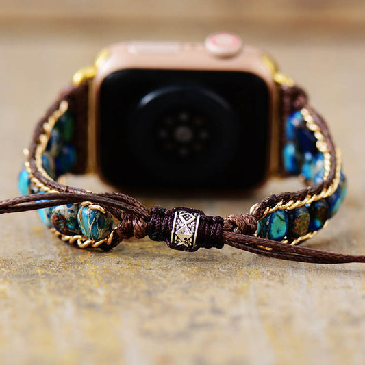 Handmade Blue Dyed Imperial Jasper Apple Watch Straps with Vegan Rope