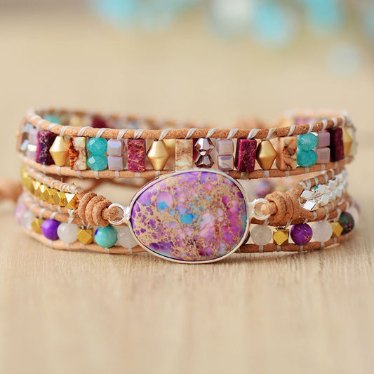 Handmade Imperial Jasper Leather Bracelet - 19.7 Inches + 3 closures