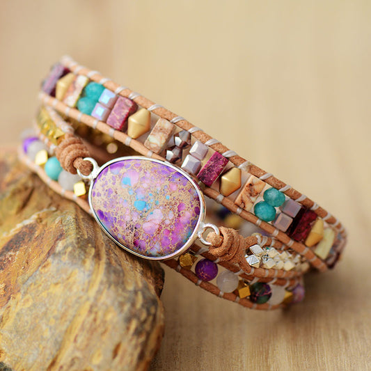 Handmade Imperial Jasper Leather Bracelet - 19.7 Inches + 3 closures