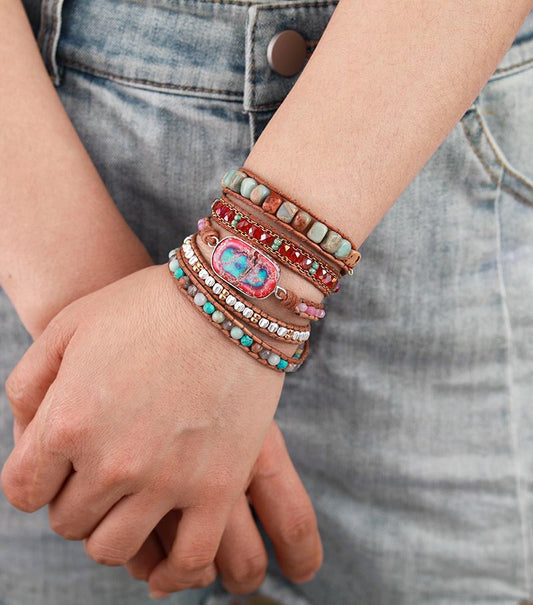 Handmade Natural Imperial Jasper Leather Bracelet - 32.5 Inches + 3 Closures