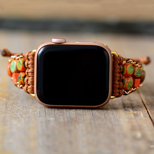 Handmade Orange Dyed Imperial Jasper Apple Watch Straps with Vegan Rope
