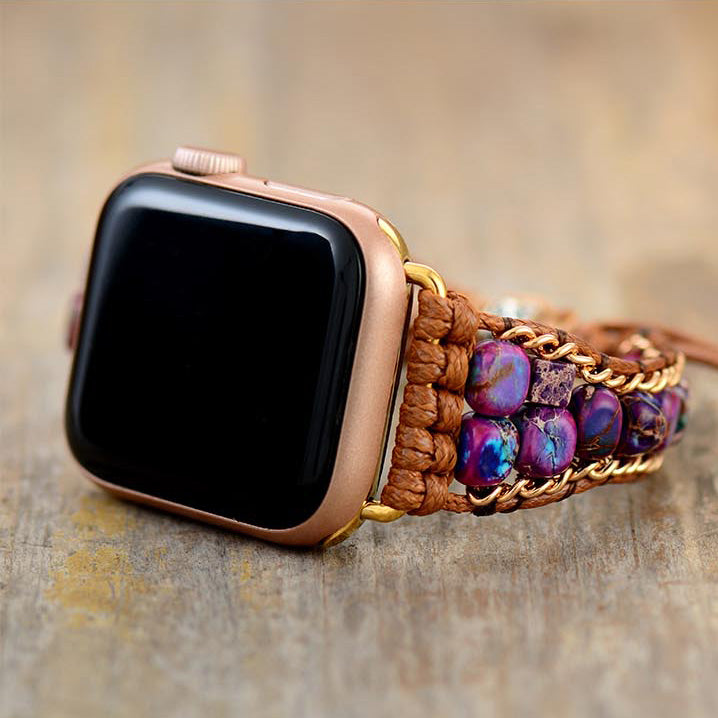 Handmade Purple Dyed Imperial Jasper Apple Watch Straps with Vegan Rope