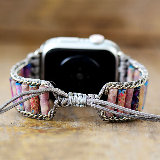 Handmade Imperial Jasper Apple Watch Straps with Vegan Grey Rope