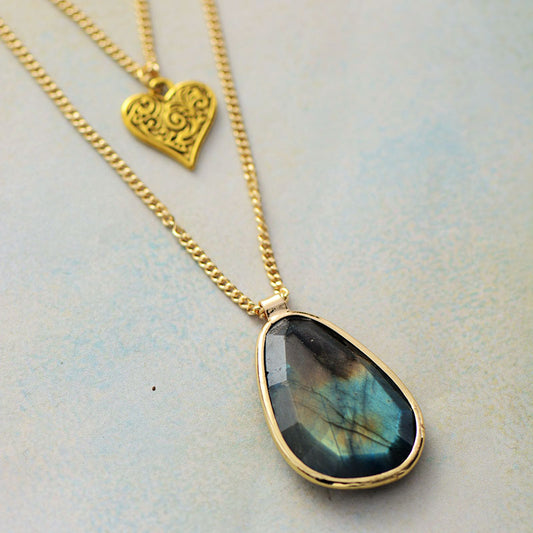 Labradorite Two Layer Heart Pendant Necklace