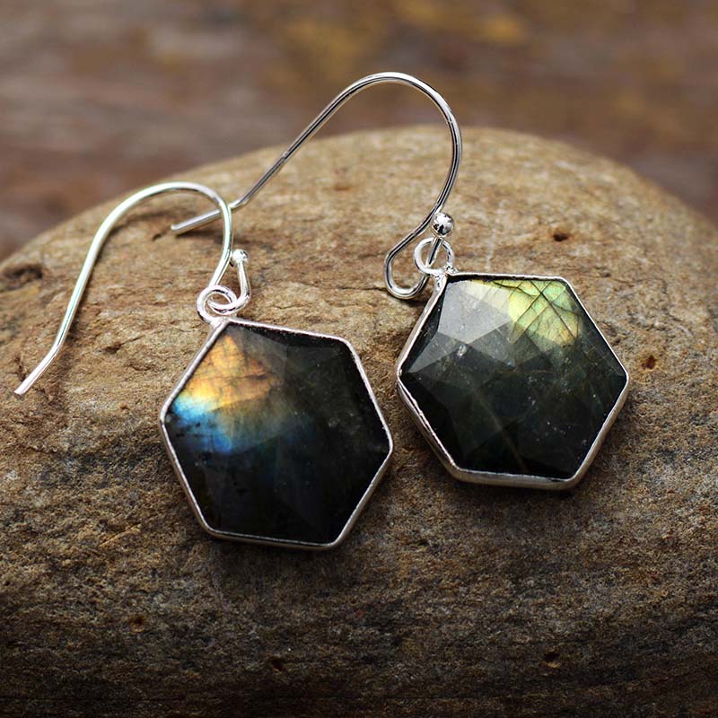 Handmade Labradorite Hexagon Dangle Earrings