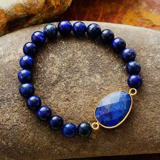Handmade Natural 8MM Lapis Lazuli Elastic Charm Beaded Bracelet