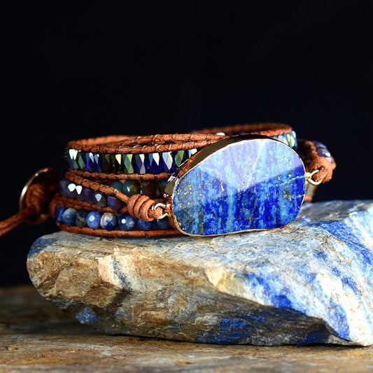 Handmade Natural Lapis Lazuli Crystal 5 Wrap Bracelet 19.7 Inches + 3 Closures