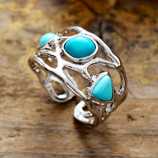 Resizable 3 Stone Turquoise Silver Ring