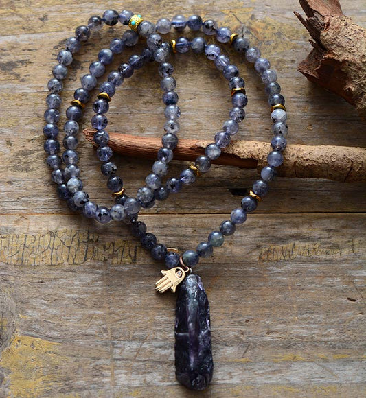 Handmade 108 Beads Natural Lolite Mala with an Amethyst Pendant - 26.8 inches