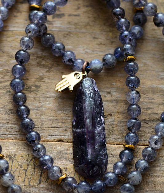 Handmade 108 Beads Natural Lolite Mala with an Amethyst Pendant - 26.8 inches