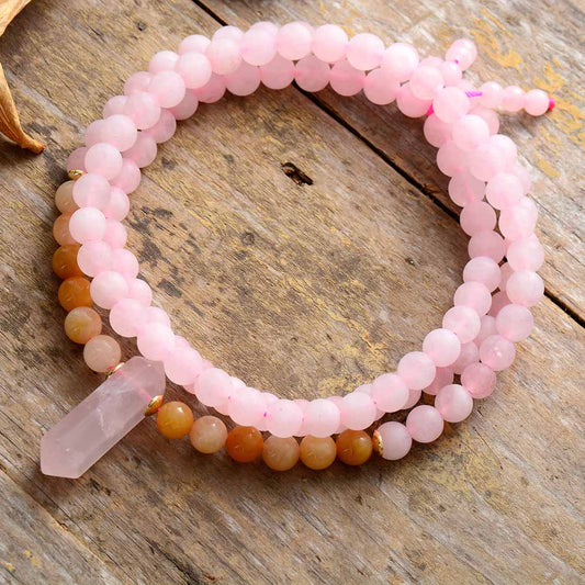 Handmade 108 Beads Natural Rose Quartz and Jade Mala - 33.5 inches
