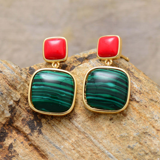 Handmade Malachite and Gold Stud Earrings