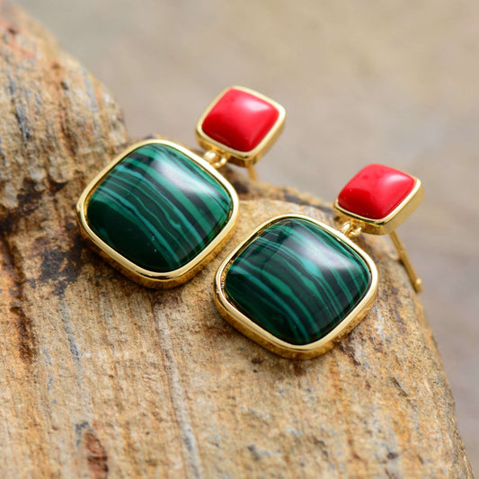 Handmade Malachite and Gold Stud Earrings