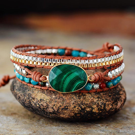 Handmade Natural Malachite and Jasper Leather Bracelet 19.7 Inches + 3 Closures