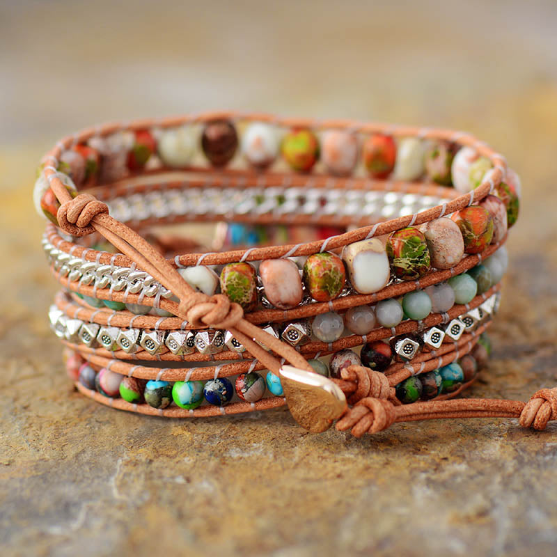 Handmade Mixed Natural Jasper Stones and Leather Bracelet - 32.5 Inches + 3 Closures