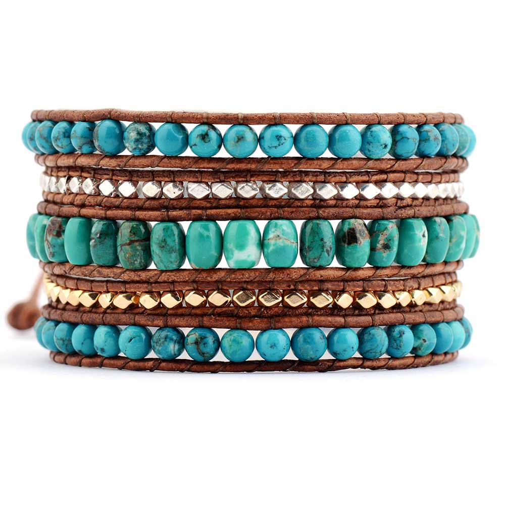 Handmade Natural Turquoise Crystal Wrap Bracelet - 32.5 Inches + 3 Closures
