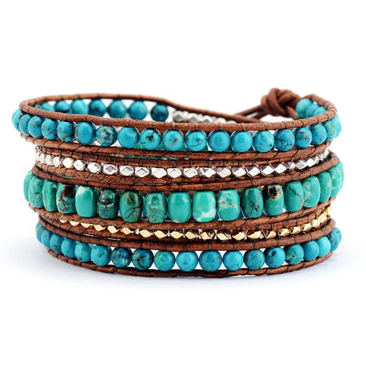 Handmade Natural Turquoise Crystal Wrap Bracelet - 32.5 Inches + 3 Closures