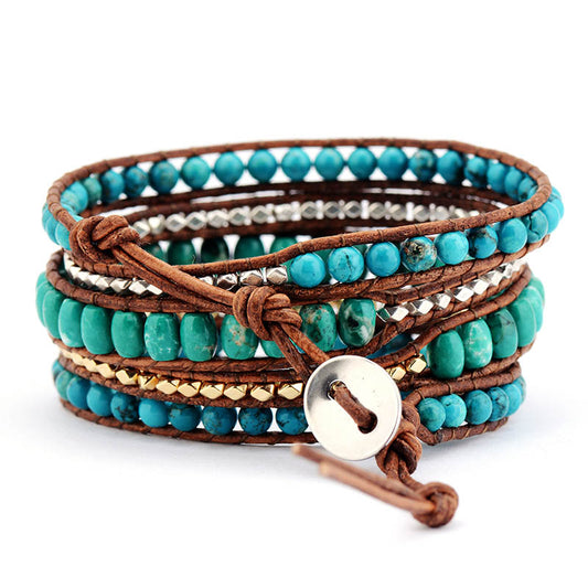 Handmade Natural Turquoise Crystal Wrap Bracelet - 32.5 Inches + 3 Closures