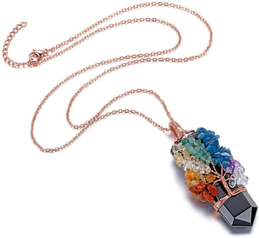 Obsidian Tree Of Life Chakra Quartz Necklace