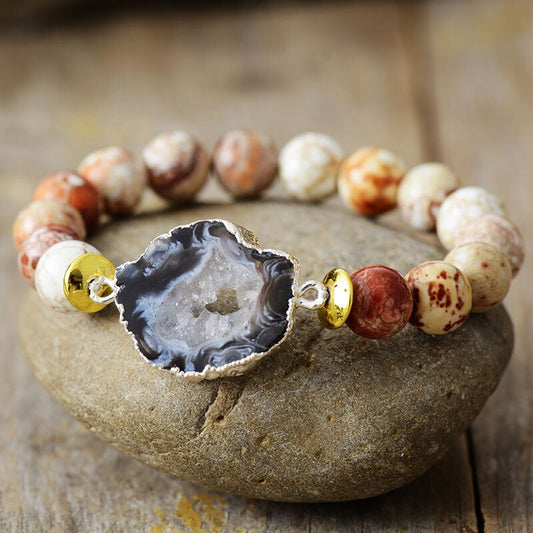 Handmade Onyx and Druzy Elastic Bracelet
