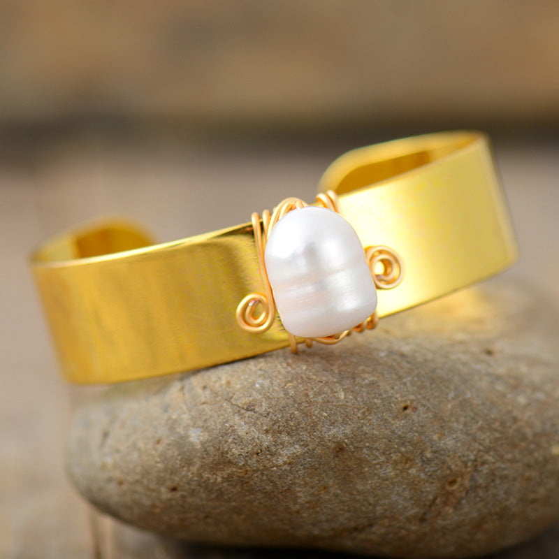 Handmade Freshwater Pearl & Gold Cuff Bangle