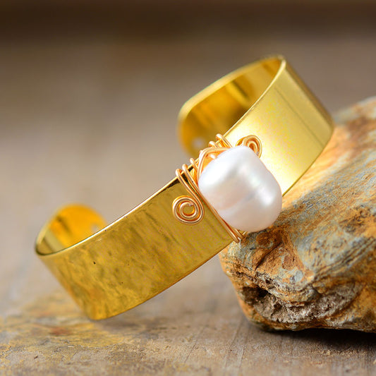 Handmade Freshwater Pearl & Gold Cuff Bangle