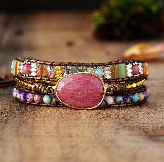 Handmade Natural Rhodorite Stone Wrap Bracelet 19.7 Inches + 3 Closures