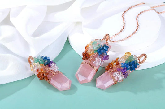 Rose Quartz Tree Of Life Chakra Quartz Necklace