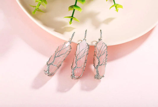 Tree Of Life Natural Rose Quartz Pendant Necklace