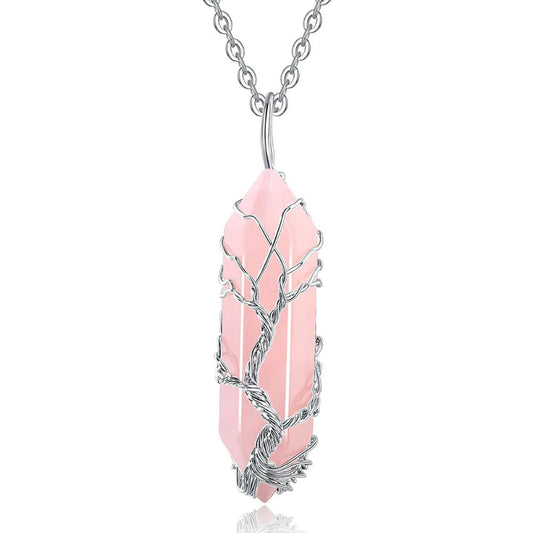 Tree Of Life Natural Rose Quartz Pendant Necklace