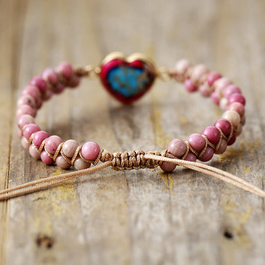 MantraChakra Rhodonite Beaded Bracelet with a Red Imperial Jasper Heart