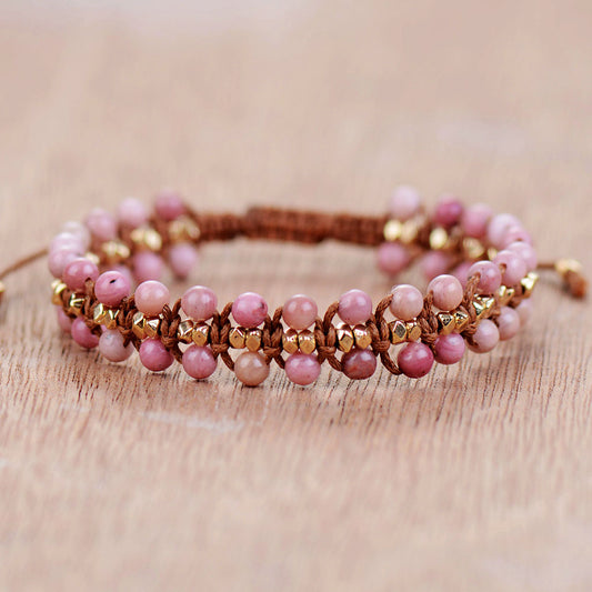 Handmade Natural Rhodonite and Gold Beads weave Bracelet