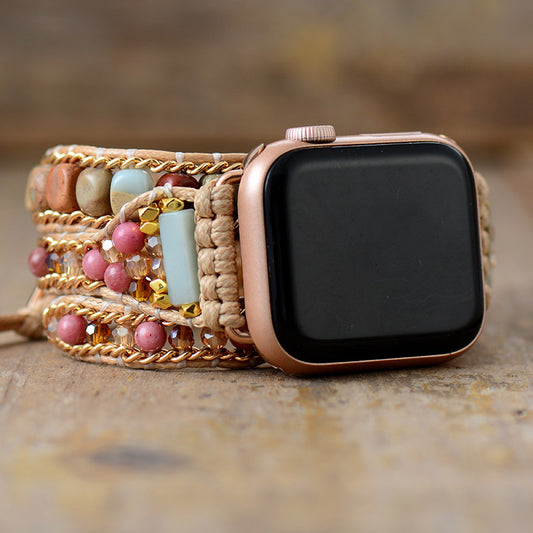 Handmade Rhodonite and Jasper Vegan Rope Apple Watch Straps - 3 x Wrap