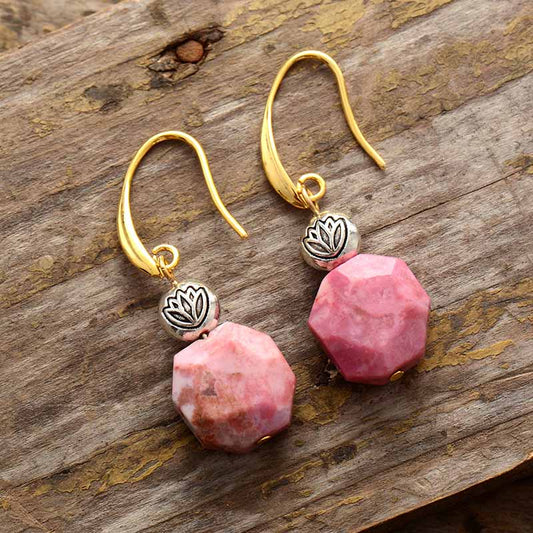 Handmade Rhodonite and Lotus Dangle Earrings