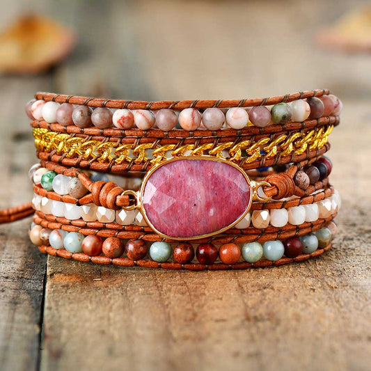Handmade Natural Rhodonite and Onyx Crystal Stone Wrap Bracelet 5 Strands