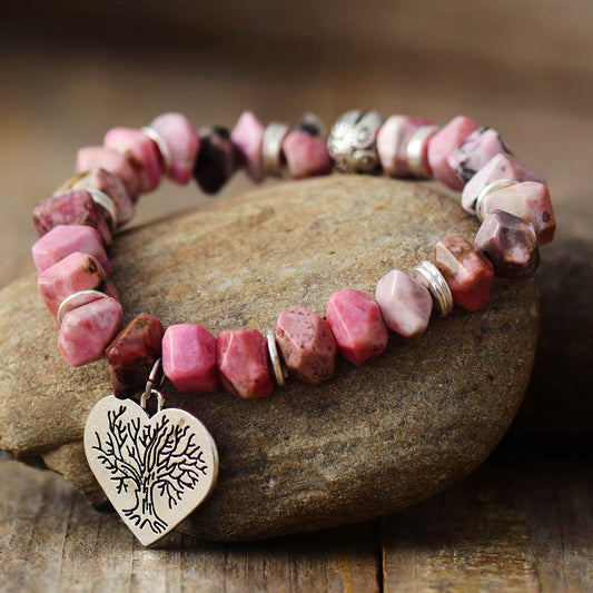Handmade Natural Rhodonite Heart Charm Elastic Bracelet