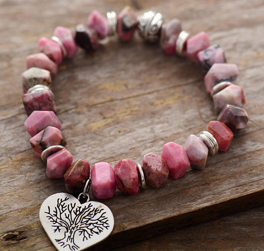 Handmade Natural Rhodonite Heart Charm Elastic Bracelet