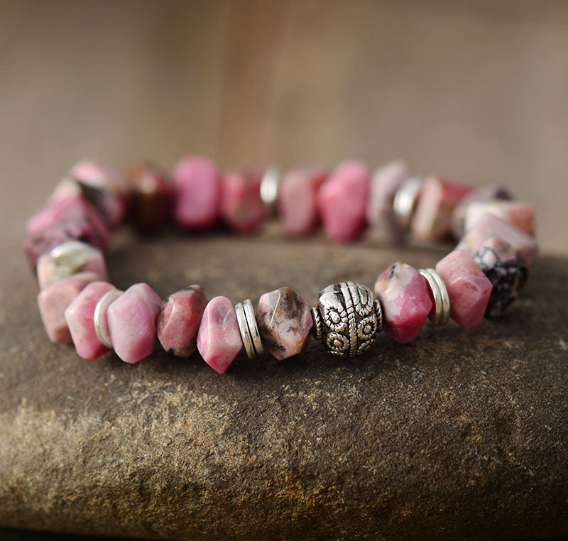 Handmade Natural Rhodonite Heart Charm Elastic Bracelet