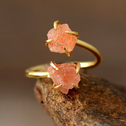 Resizable 2 Stone Rose Quartz Natural Crystal Gold Plated Ring