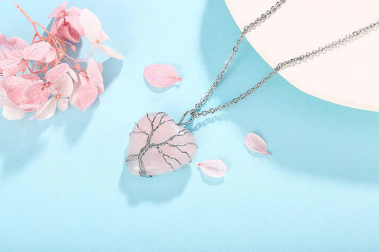 Natural Rose Quartz Stone Tree of Life Wrapped Heart Necklace