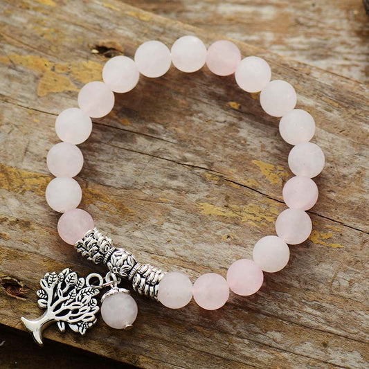 Handmade Natural Rose Quartz and Tree of Life Charm Bracelet 18.18.5cm