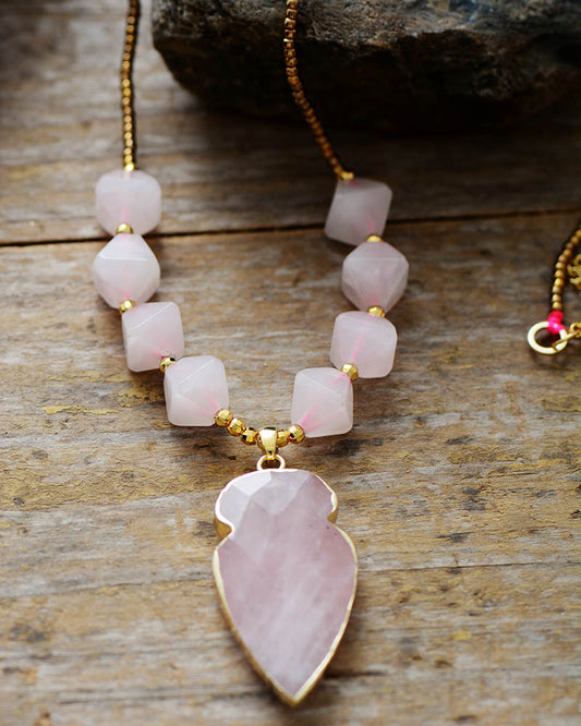 Handmade Natural Rose Quartz Hexagonal Pendant Necklace - 19.7 Inches Approx