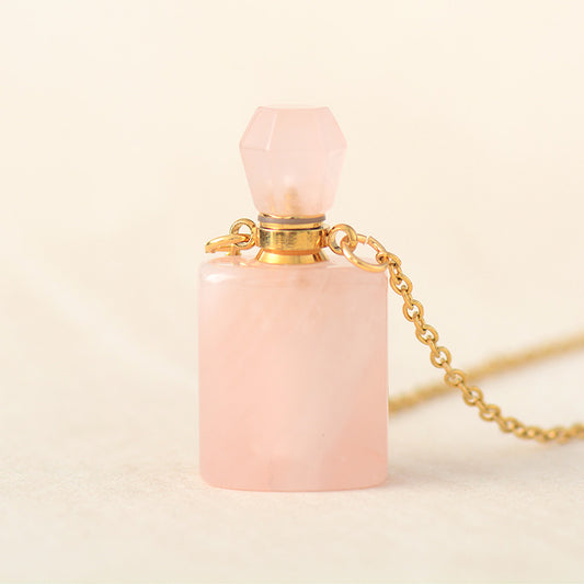 Natural Rose Quartz and Gold Chain Perfume Bottle Necklace