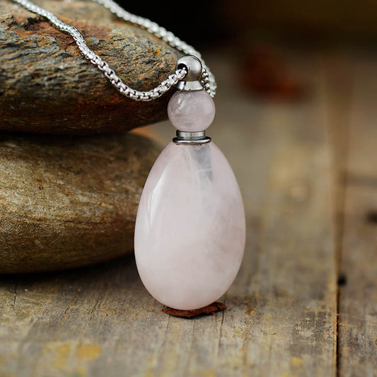 Handmade Natural Rose Quartz & Stainless Steel Perfume Bottle Necklace
