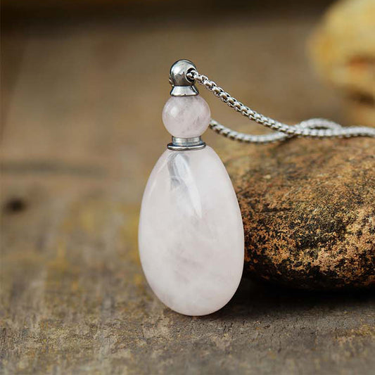 Handmade Natural Rose Quartz & Stainless Steel Perfume Bottle Necklace