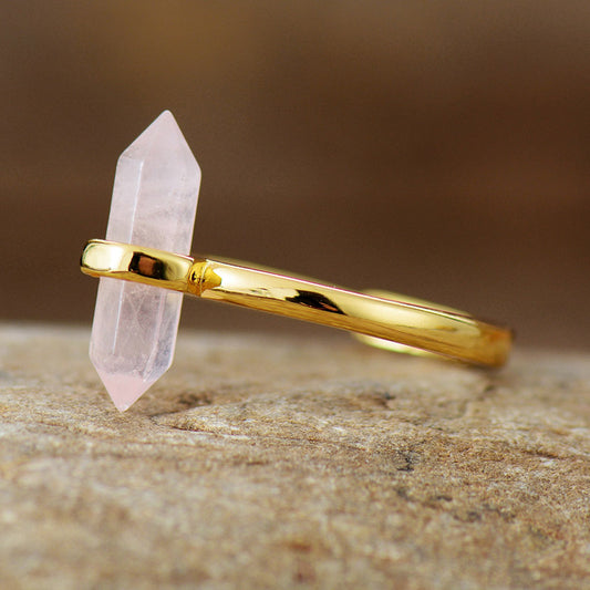 Resizable Rose Quartz Hexagonal Cone Stone Gold Plated Ring