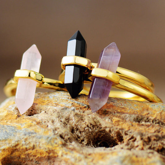 Resizable Amethyst Hexagonal Cone Stone Gold Plated Ring